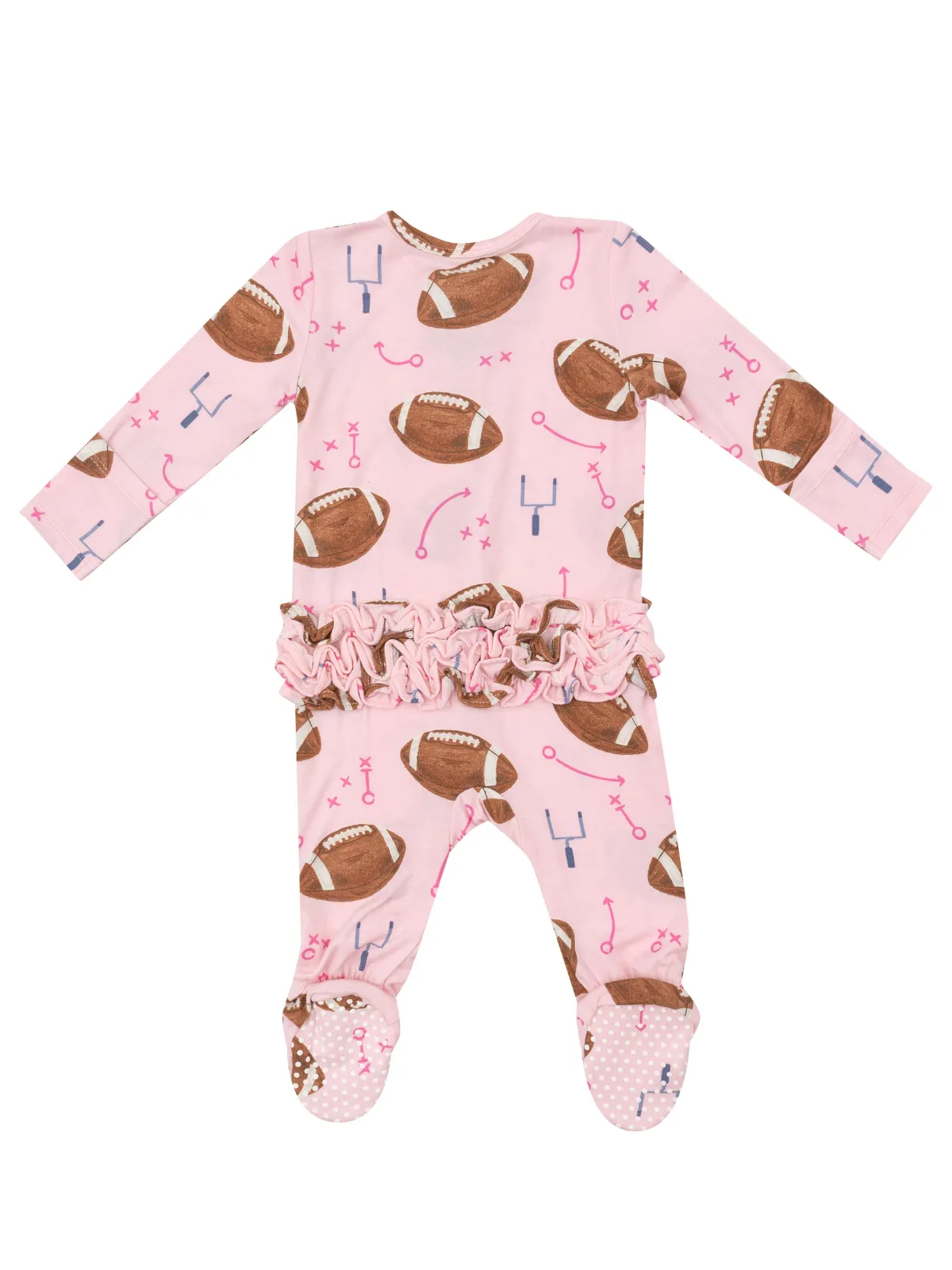 2-Way Zip Ruffle Footie, Footballs Pink