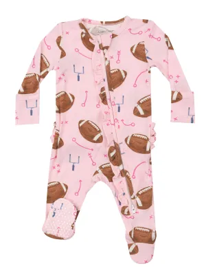 2-Way Zip Ruffle Footie, Footballs Pink