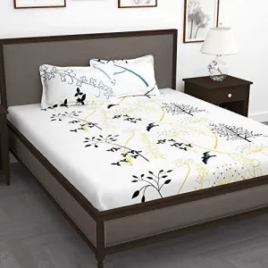 Story@Home Floral Leaf Print Combed Cotton Elegant Luxury Designer 1 PC King Size Bed Graceful bedsheet with 2 Pillow Covers - White and Blue