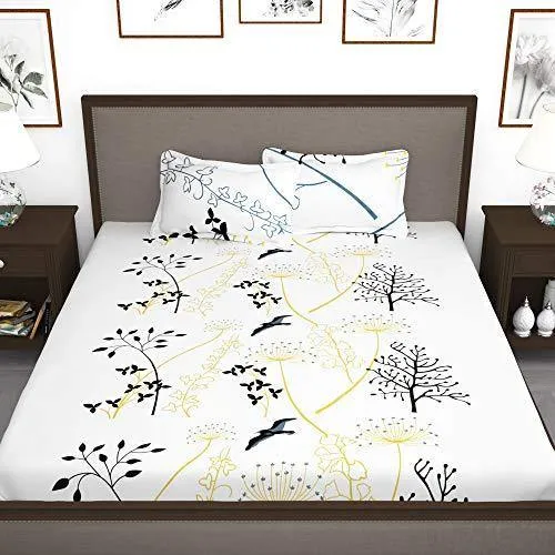 Story@Home Floral Leaf Print Combed Cotton Elegant Luxury Designer 1 PC King Size Bed Graceful bedsheet with 2 Pillow Covers - White and Blue