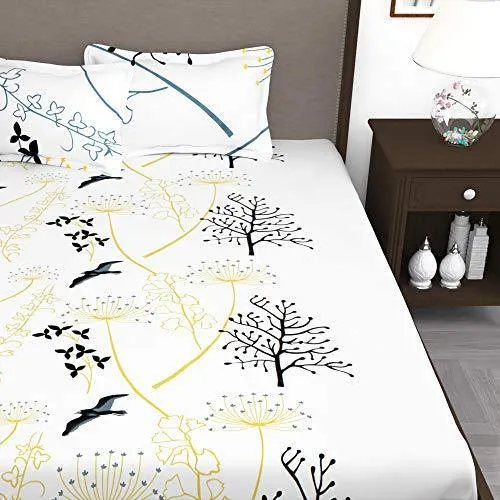 Story@Home Floral Leaf Print Combed Cotton Elegant Luxury Designer 1 PC King Size Bed Graceful bedsheet with 2 Pillow Covers - White and Blue