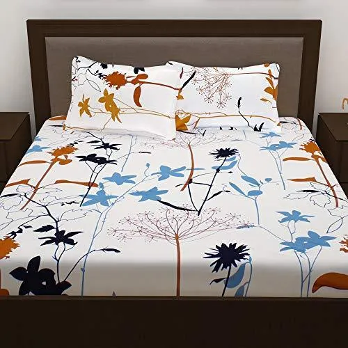 Story@Home Super-Soft Beautiful Tropical Patterns Vibrant Colors 100% Cotton Double Bed Sheet and 2 Pillow Covers (Yellow and White) 46X 69 cm