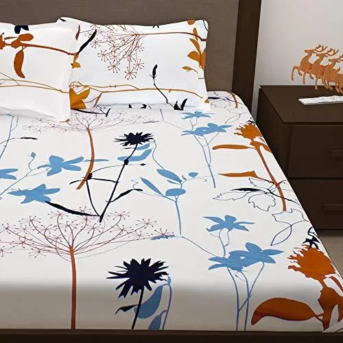 Story@Home Super-Soft Beautiful Tropical Patterns Vibrant Colors 100% Cotton Double Bed Sheet and 2 Pillow Covers (Yellow and White) 46X 69 cm